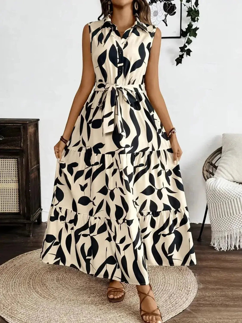 Printed Tie Waist Sleeveless Maxi Dress - Charmdeals