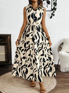 Printed Tie Waist Sleeveless Maxi Dress - Charmdeals