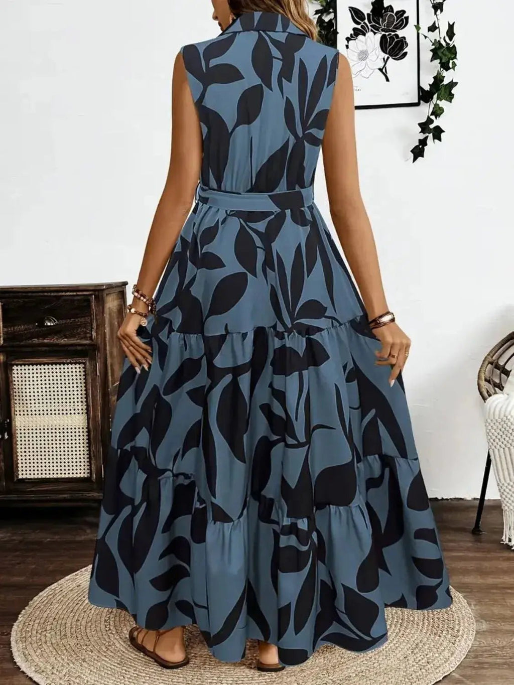 Printed Tie Waist Sleeveless Maxi Dress - Charmdeals