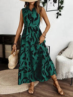 Printed Tie Waist Sleeveless Maxi Dress - Charmdeals