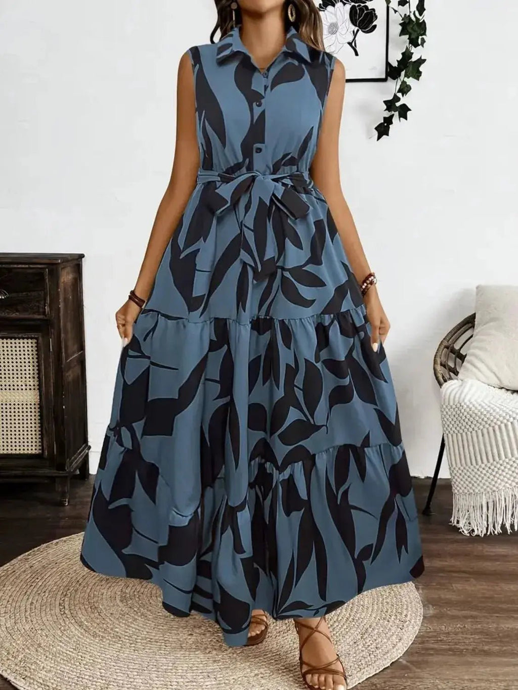 Printed Tie Waist Sleeveless Maxi Dress - Charmdeals