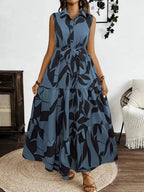 Printed Tie Waist Sleeveless Maxi Dress - Charmdeals