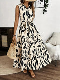 Printed Tie Waist Sleeveless Maxi Dress - Charmdeals