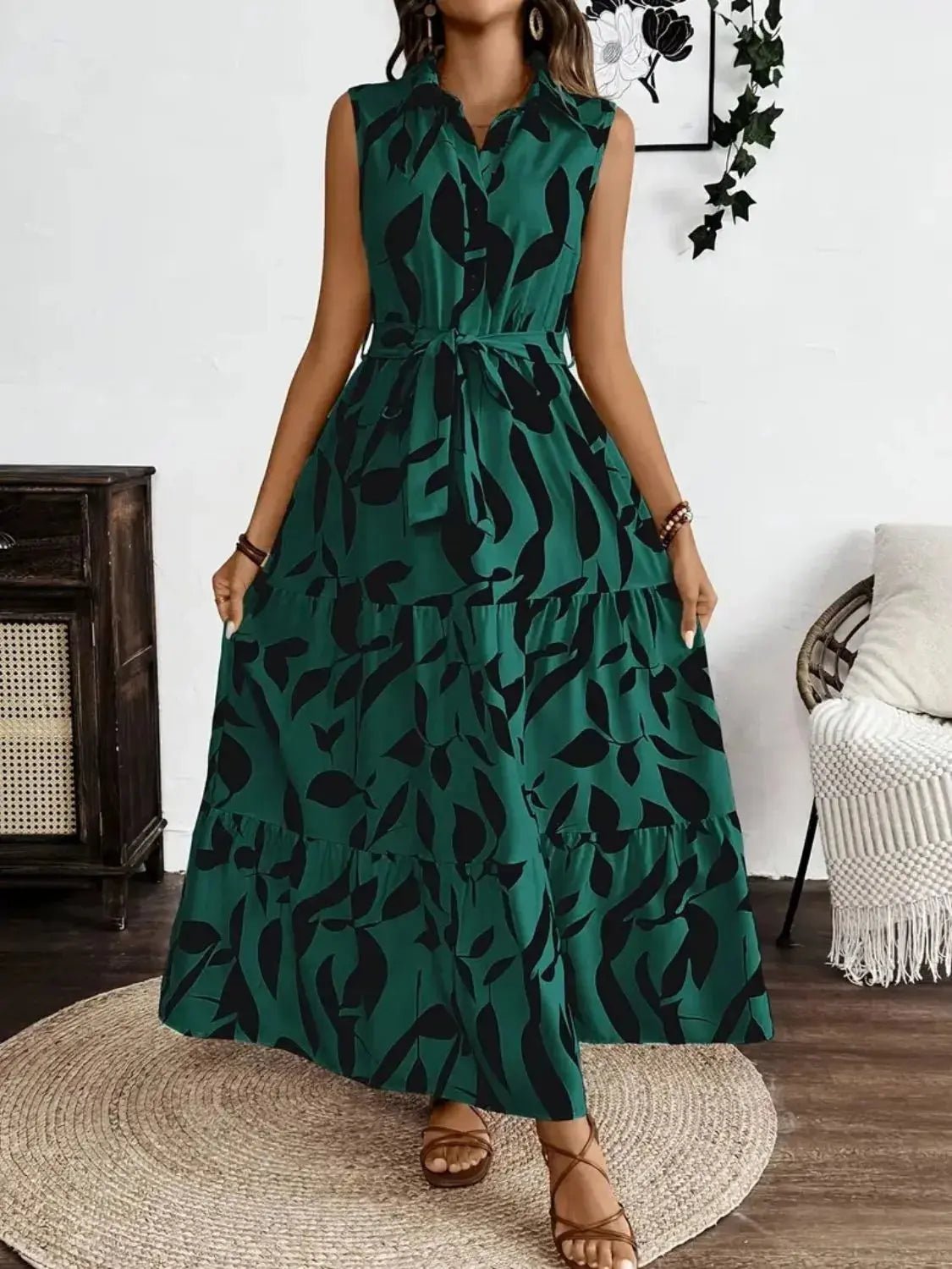 Printed Tie Waist Sleeveless Maxi Dress - Charmdeals