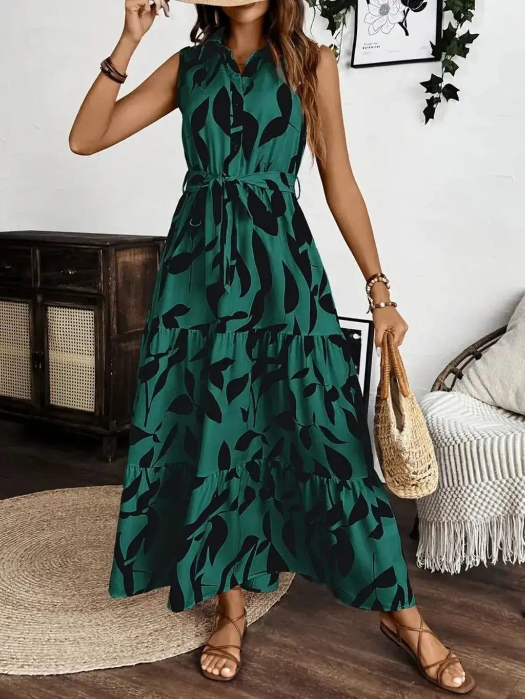 Printed Tie Waist Sleeveless Maxi Dress - Charmdeals