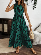 Printed Tie Waist Sleeveless Maxi Dress - Charmdeals