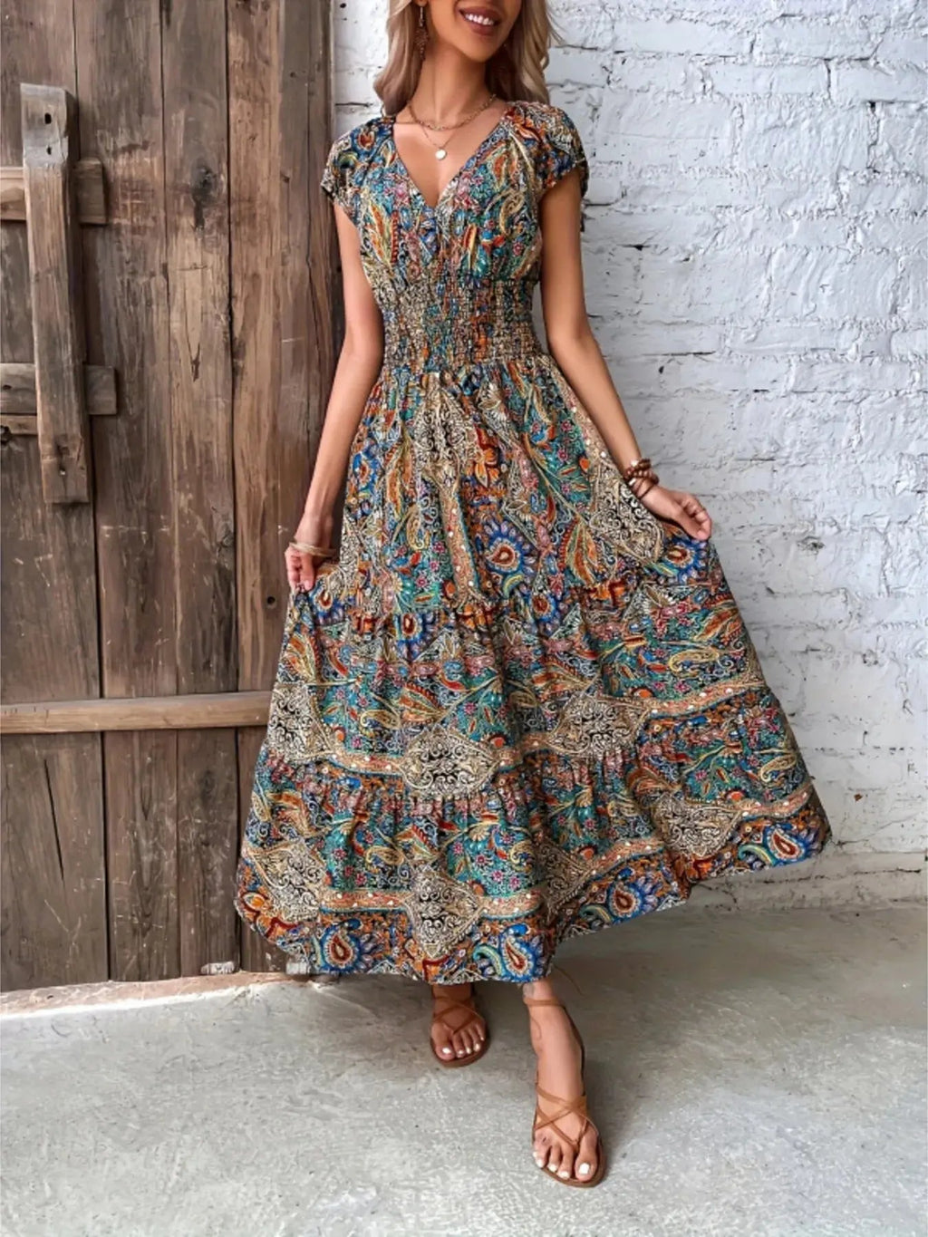 Printed V - Neck Cap Sleeve Dress - Charmdeals