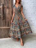 Printed V - Neck Cap Sleeve Dress - Charmdeals