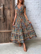 Printed V - Neck Cap Sleeve Dress - Charmdeals