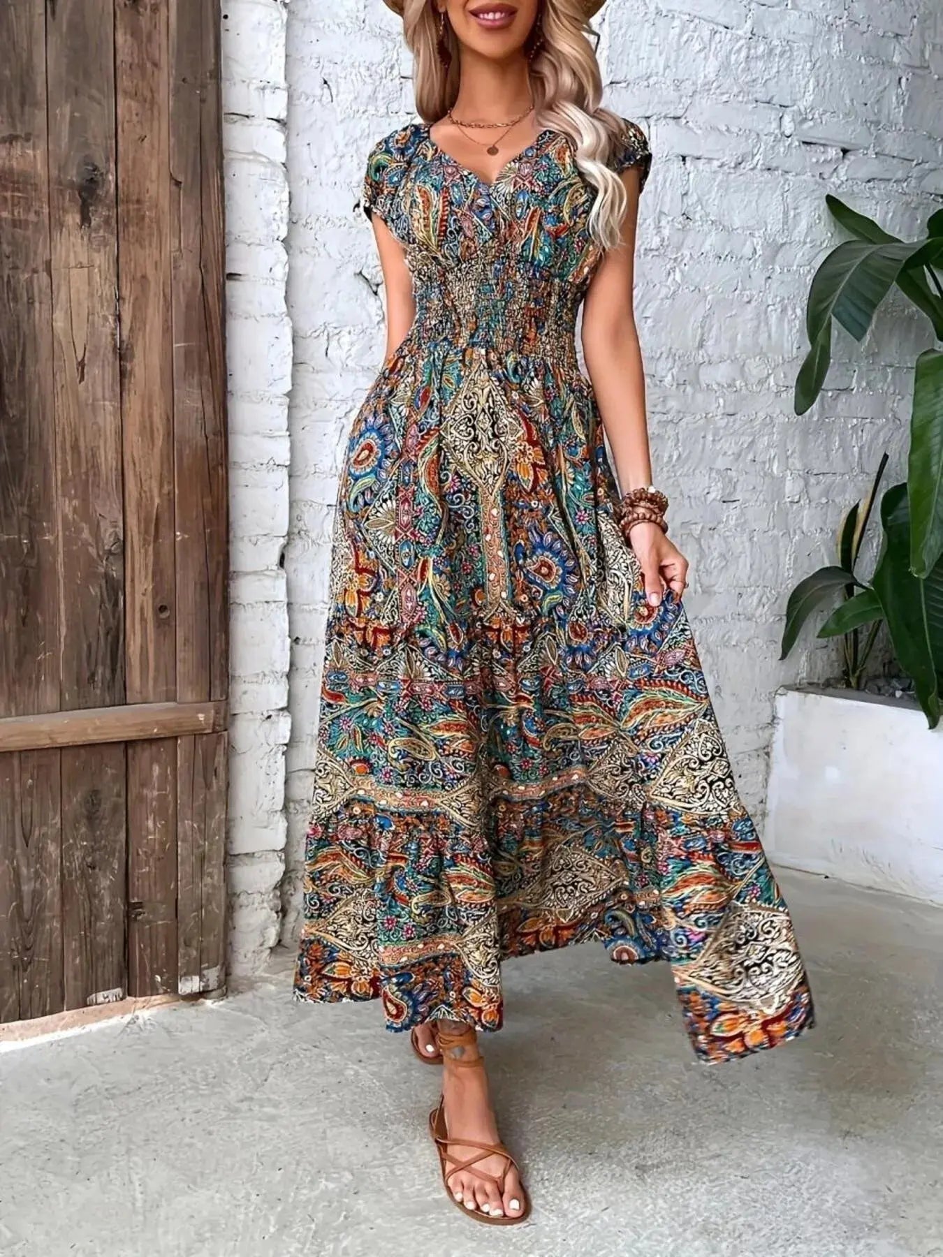 Printed V - Neck Cap Sleeve Dress - Charmdeals