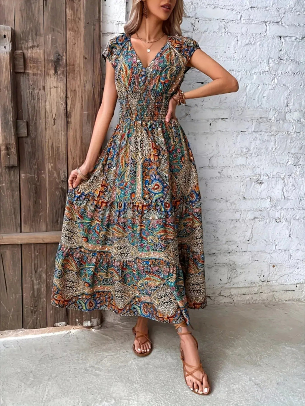 Printed V - Neck Cap Sleeve Dress - Charmdeals