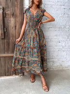 Printed V - Neck Cap Sleeve Dress - Charmdeals