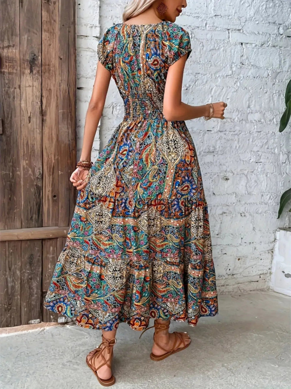 Printed V - Neck Cap Sleeve Dress - Charmdeals