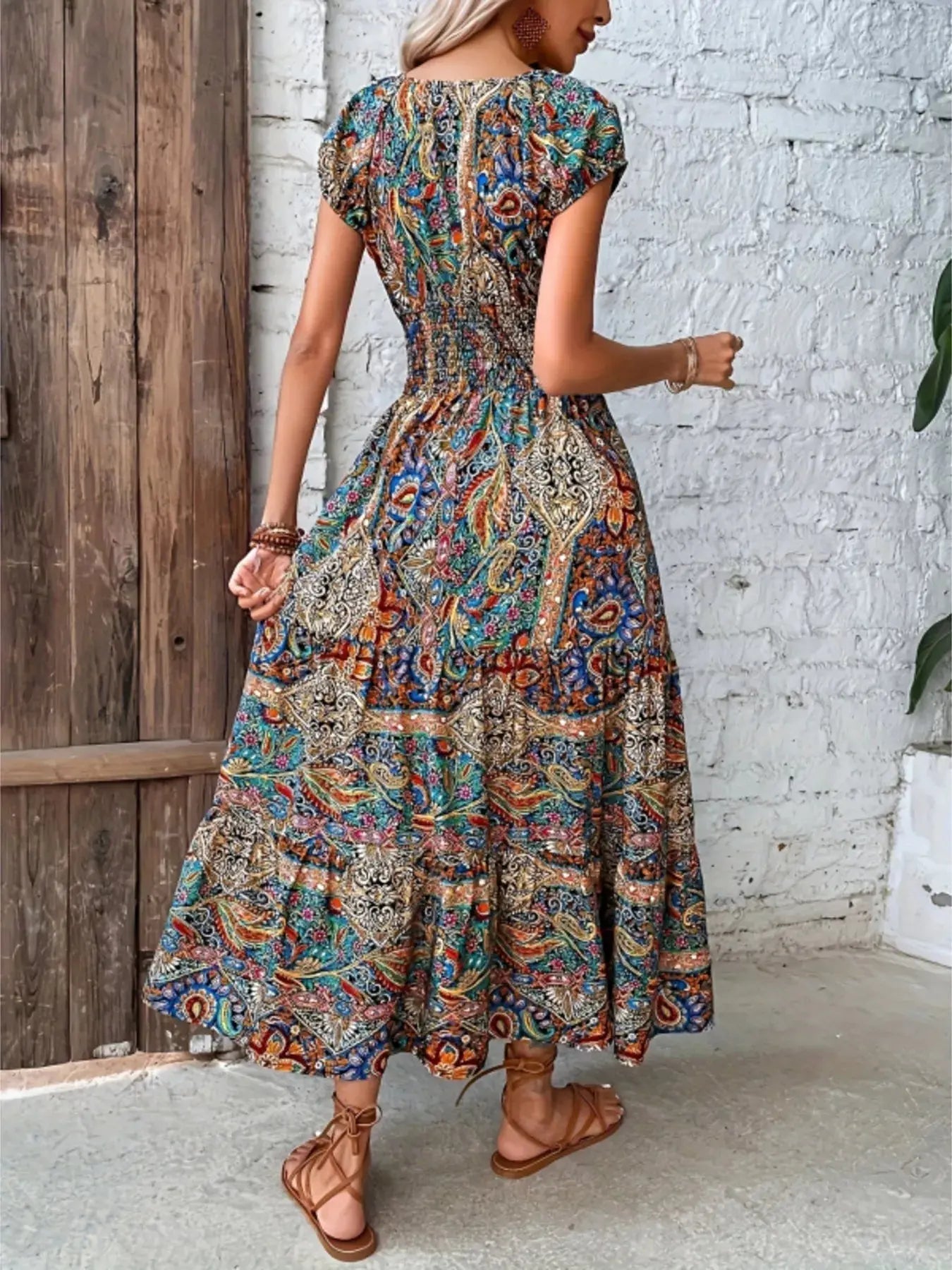 Printed V - Neck Cap Sleeve Dress - Charmdeals