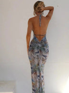 Printed V - Neck Halter Neck Maxi Dress - Charmdeals