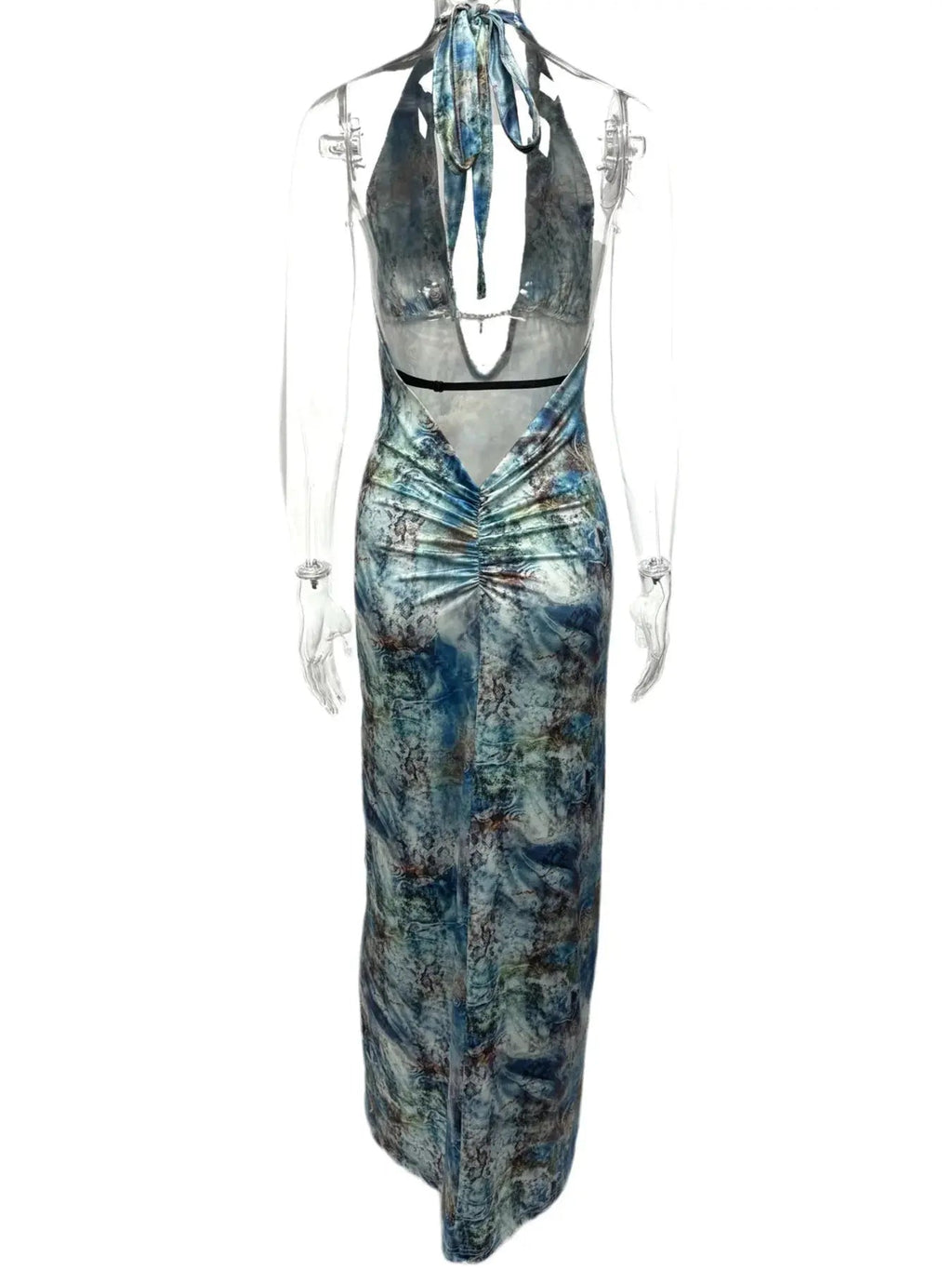 Printed V - Neck Halter Neck Maxi Dress - Charmdeals