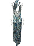 Printed V - Neck Halter Neck Maxi Dress - Charmdeals
