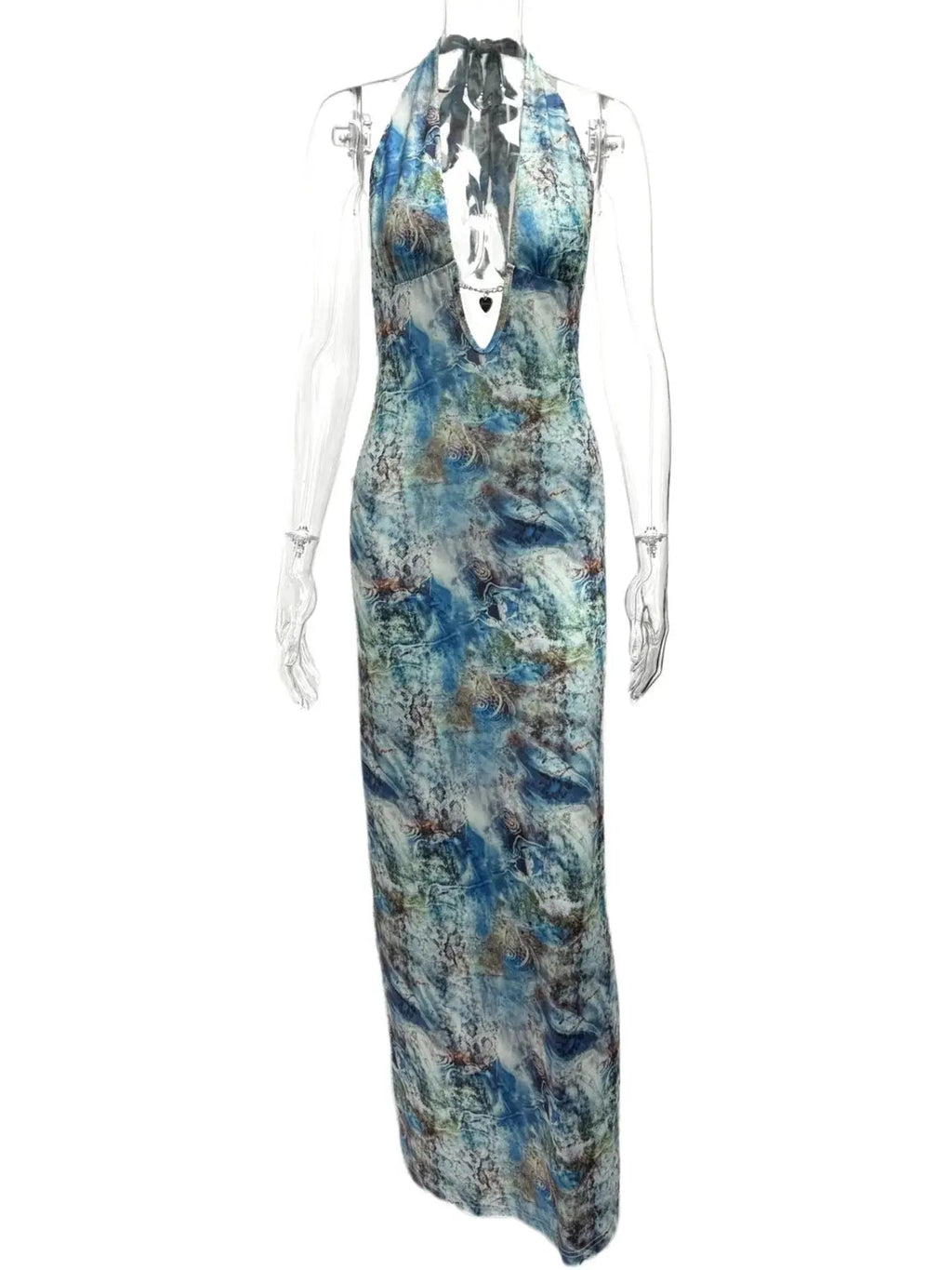Printed V - Neck Halter Neck Maxi Dress - Charmdeals