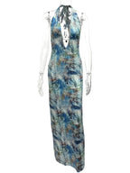 Printed V - Neck Halter Neck Maxi Dress - Charmdeals