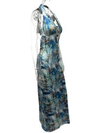 Printed V - Neck Halter Neck Maxi Dress - Charmdeals