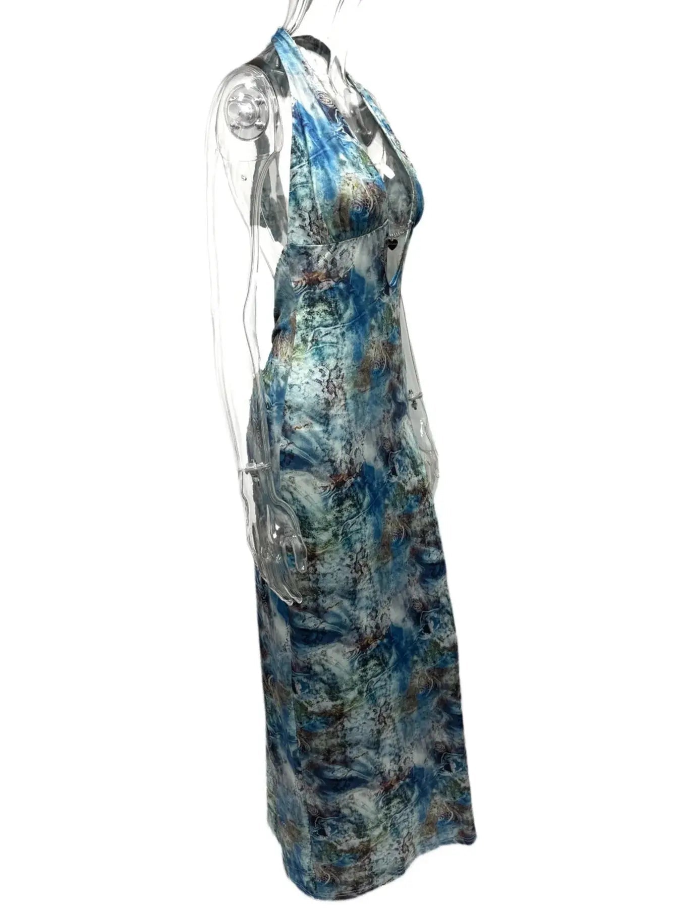 Printed V - Neck Halter Neck Maxi Dress - Charmdeals
