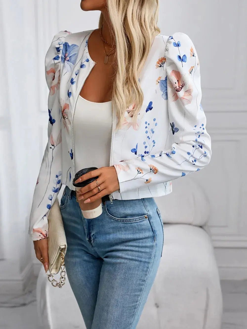 Printed Zip Up Long Sleeve Jacket - Charmdeals