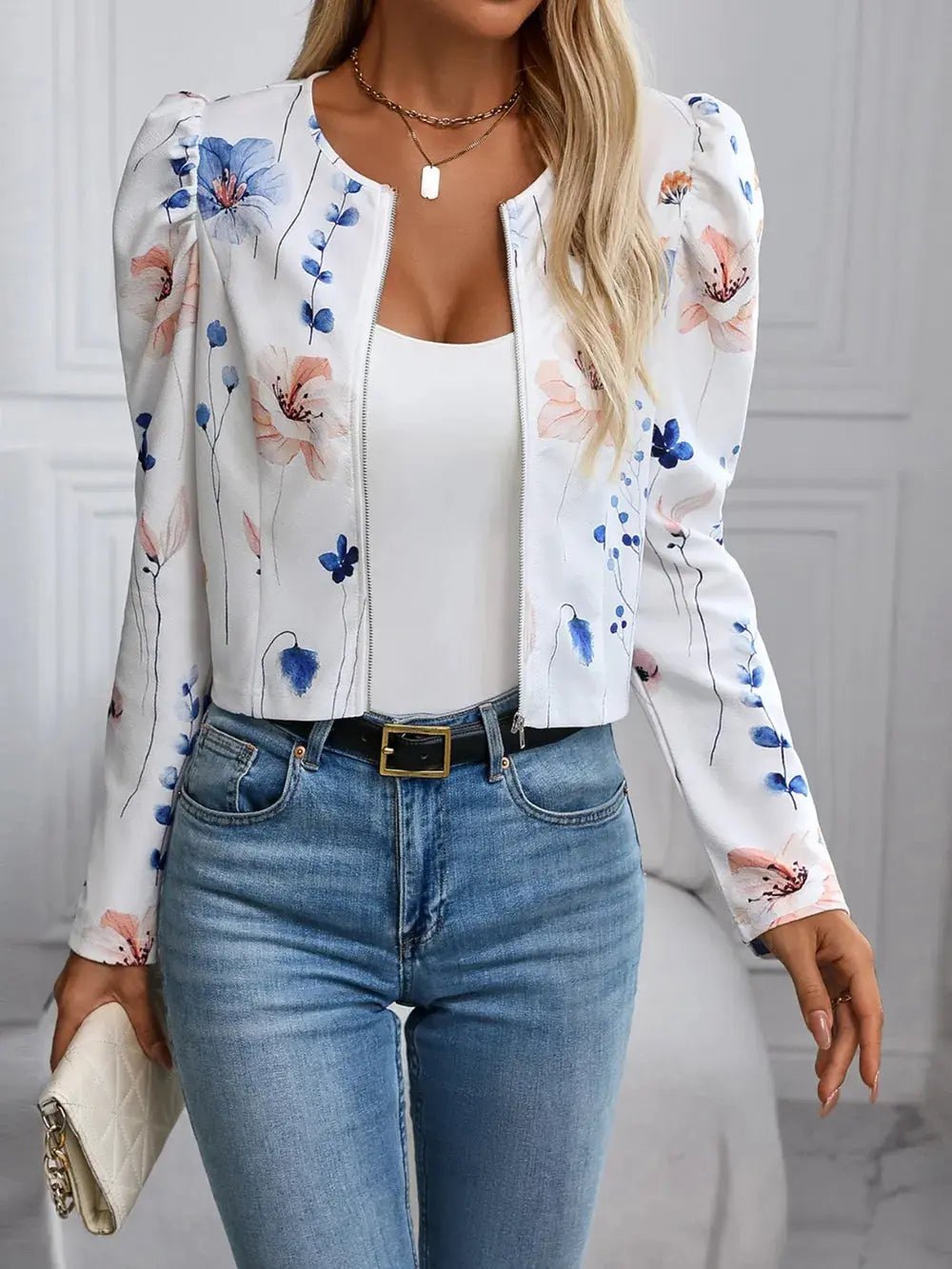 Printed Zip Up Long Sleeve Jacket - Charmdeals