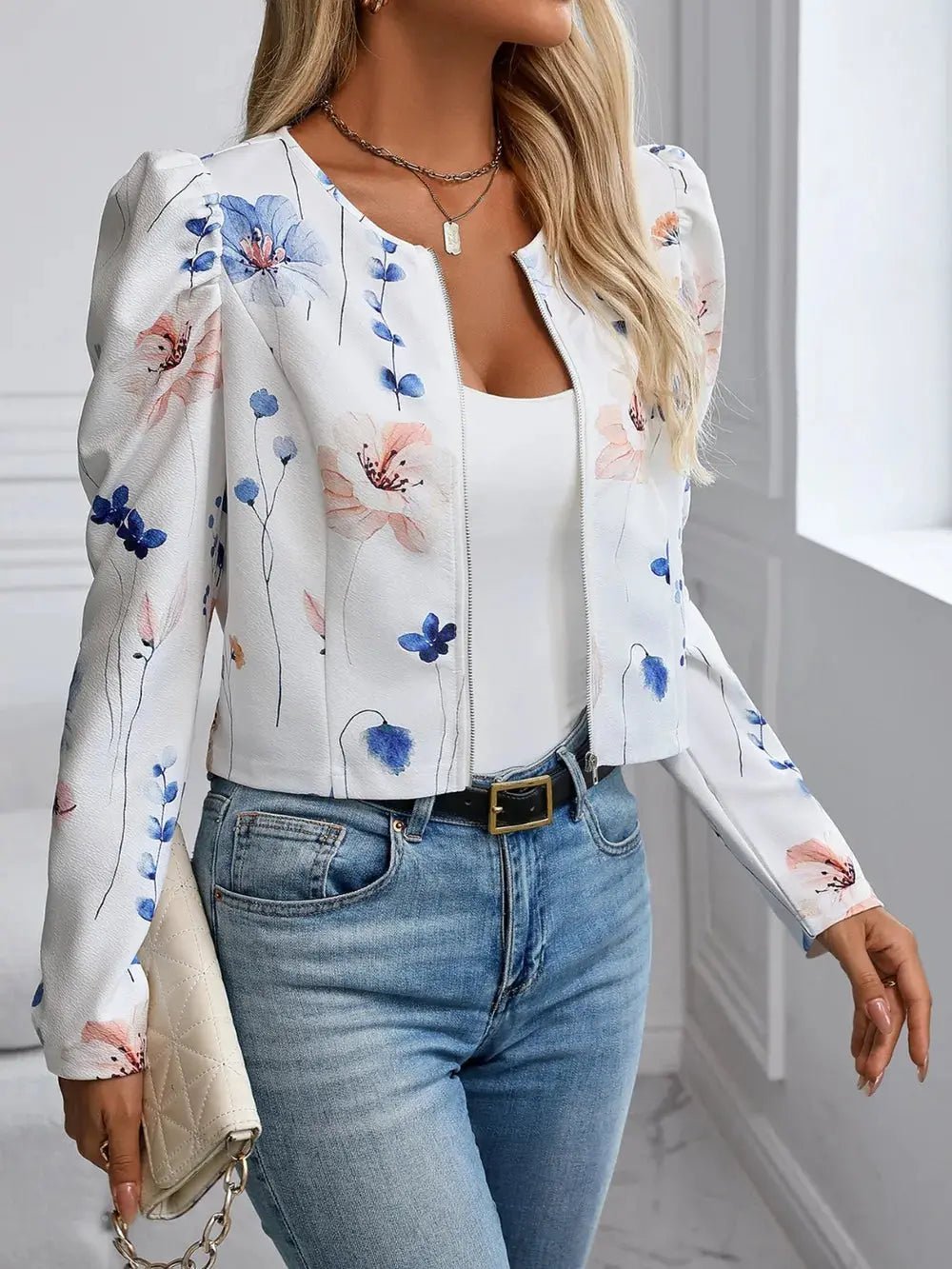 Printed Zip Up Long Sleeve Jacket - Charmdeals