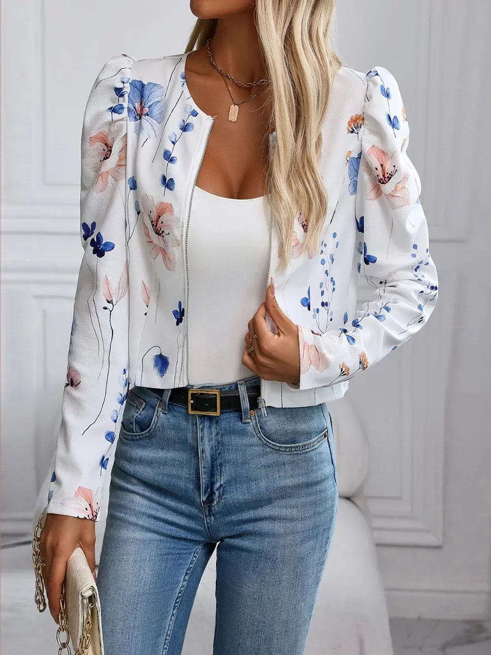 Printed Zip Up Long Sleeve Jacket - Charmdeals
