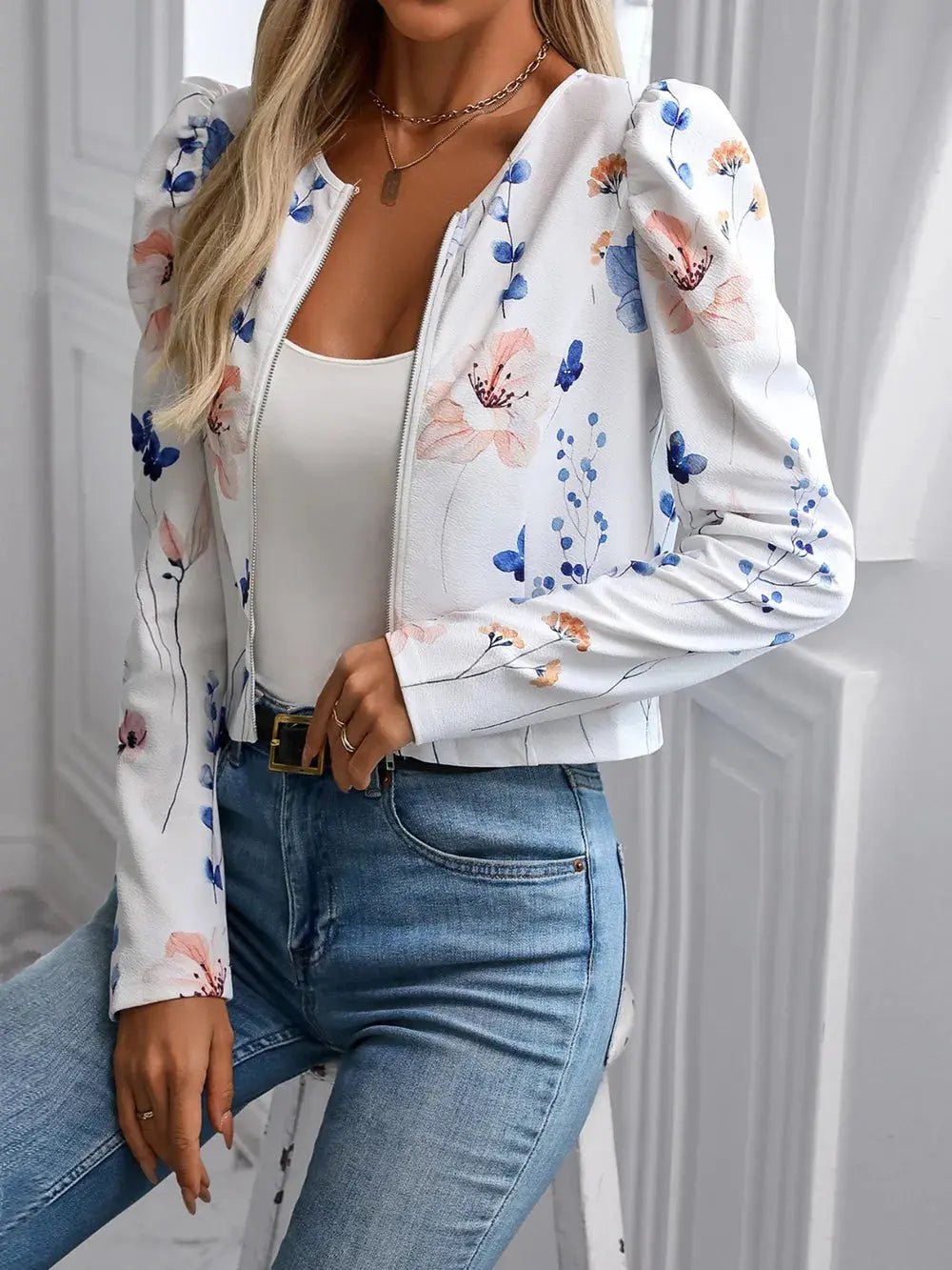 Printed Zip Up Long Sleeve Jacket - Charmdeals