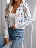 Printed Zip Up Long Sleeve Jacket - Charmdeals
