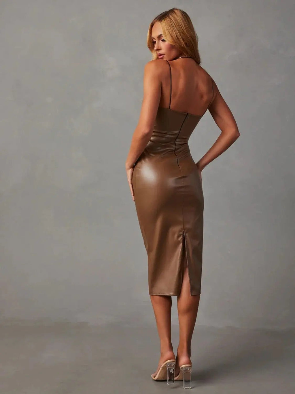 PU Slit Midi Dress - Charmdeals
