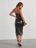 PU Slit Midi Dress - Charmdeals
