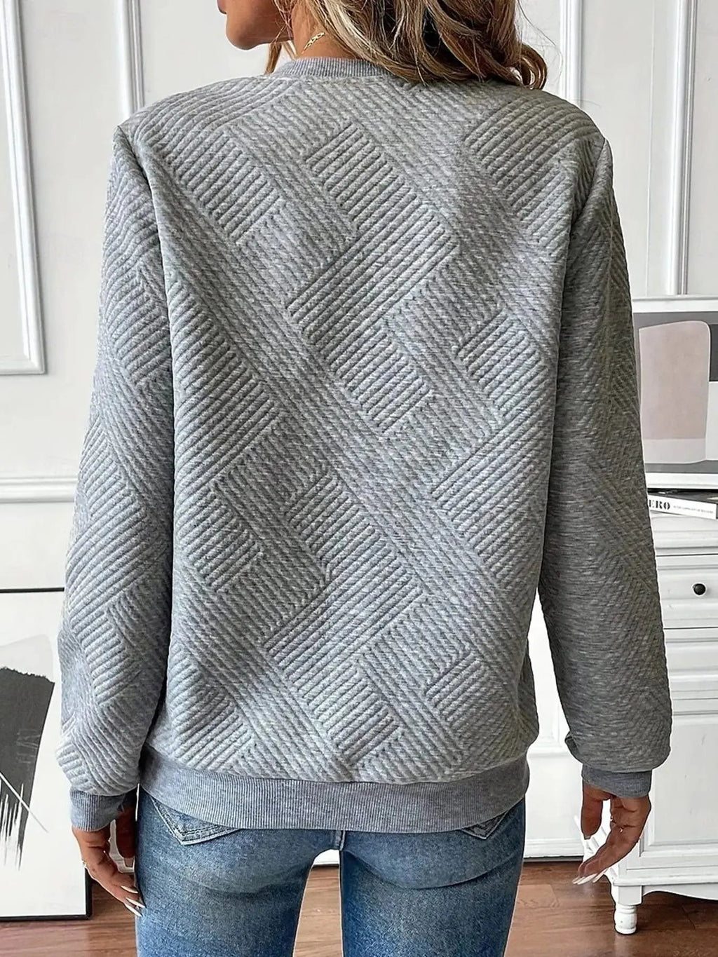 Quarter Zip Textured Long Sleeve Sweatshirt - Charmdeals