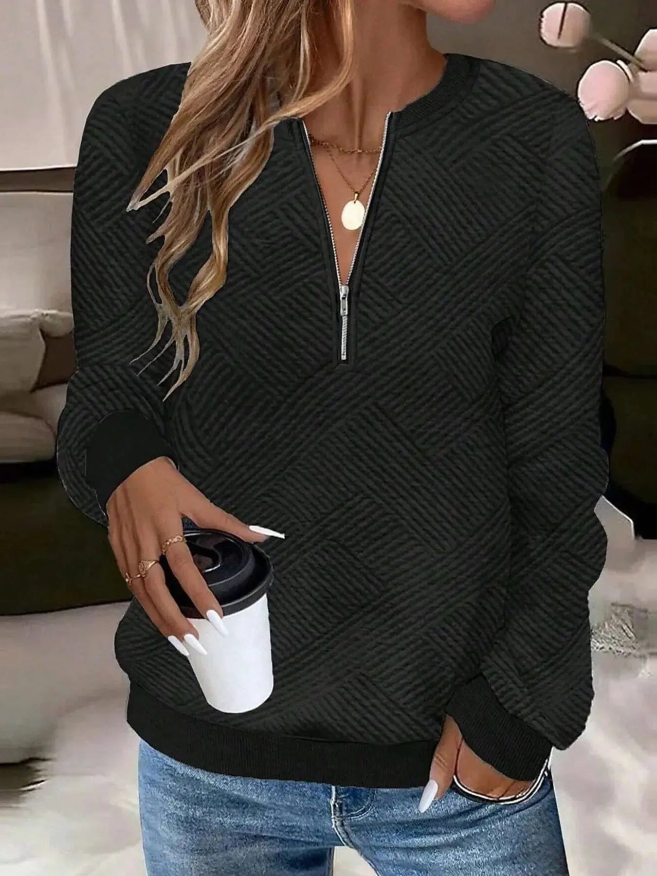 Quarter Zip Textured Long Sleeve Sweatshirt - Charmdeals