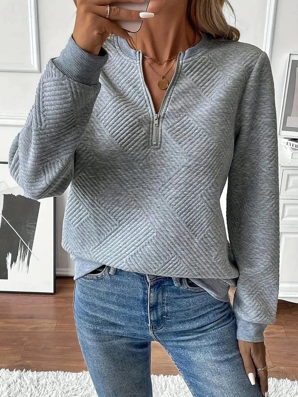 Quarter Zip Textured Long Sleeve Sweatshirt - Charmdeals