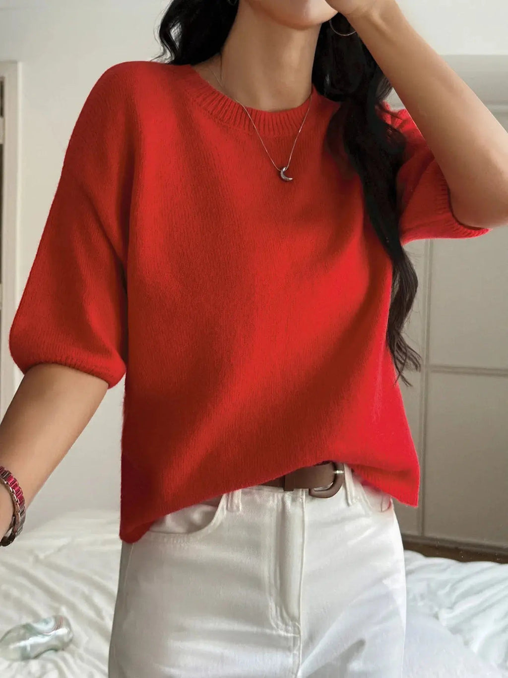 Ribbed Hem Round Neck Sweater - Charmdeals