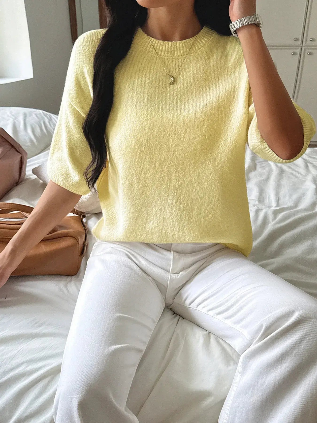 Ribbed Hem Round Neck Sweater - Charmdeals