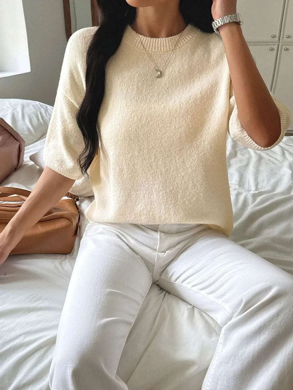 Ribbed Hem Round Neck Sweater - Charmdeals