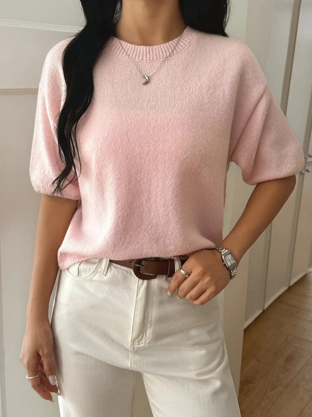 Ribbed Hem Round Neck Sweater - Charmdeals