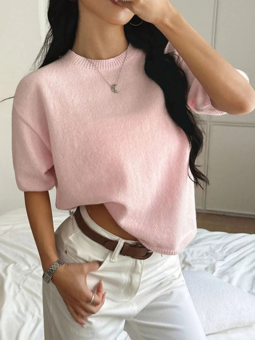 Ribbed Hem Round Neck Sweater - Charmdeals