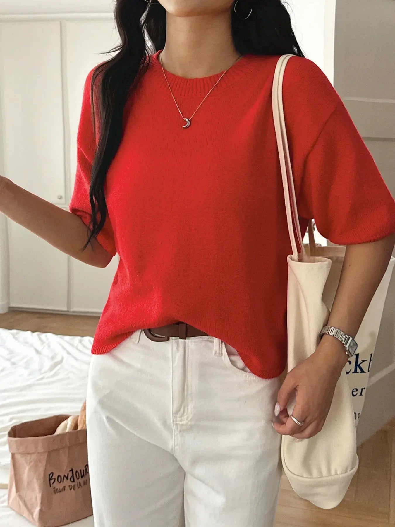 Ribbed Hem Round Neck Sweater - Charmdeals