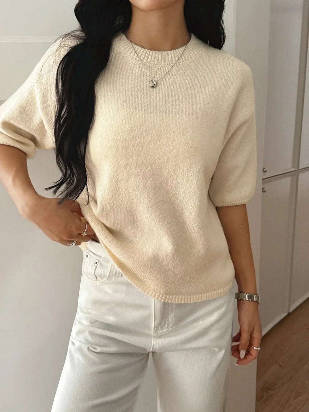 Ribbed Hem Round Neck Sweater - Charmdeals