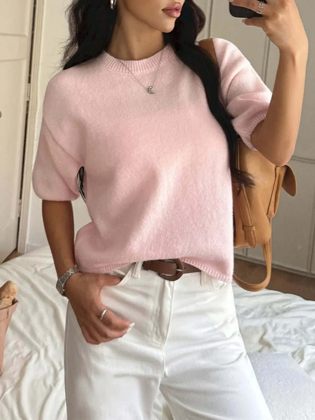 Ribbed Hem Round Neck Sweater - Charmdeals
