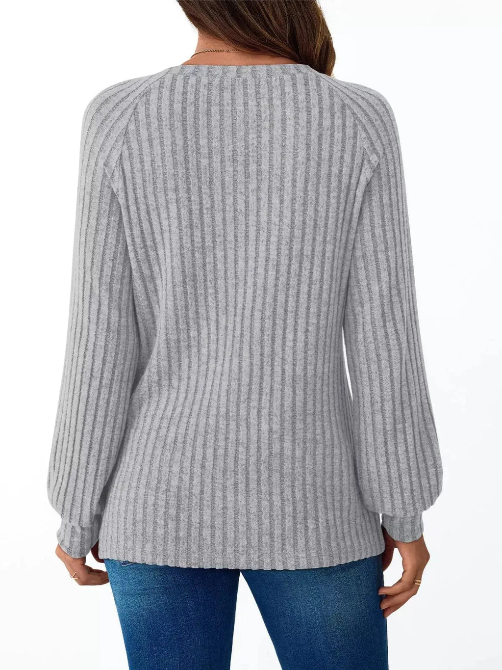 Ribbed Knit Decor Button Long Sleeve T-Shirt - Charmdeals