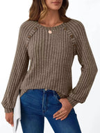 Ribbed Knit Decor Button Long Sleeve T-Shirt - Charmdeals