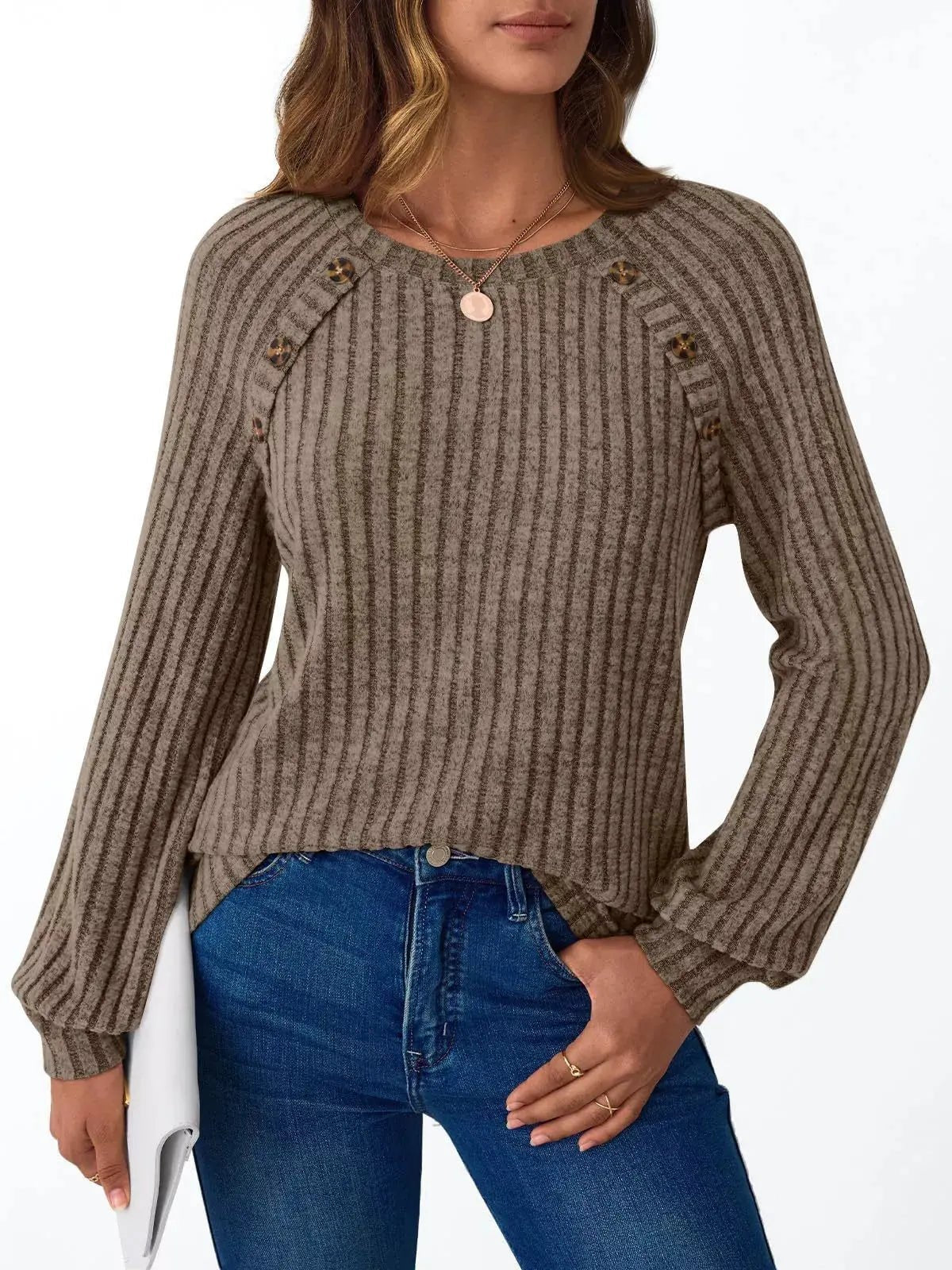 Ribbed Knit Decor Button Long Sleeve T-Shirt - Charmdeals