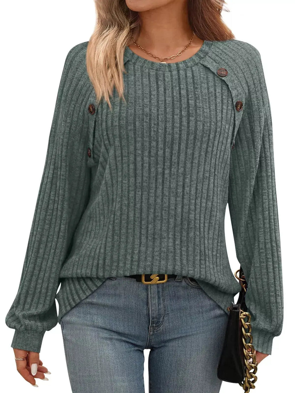 Ribbed Knit Decor Button Long Sleeve T-Shirt - Charmdeals