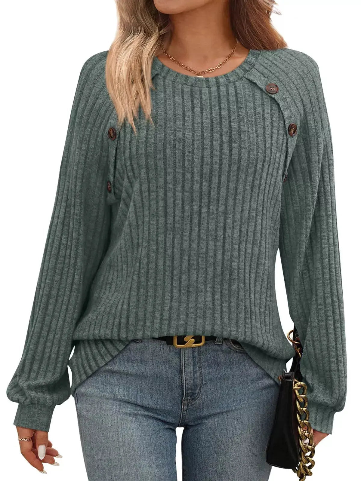 Ribbed Knit Decor Button Long Sleeve T-Shirt - Charmdeals