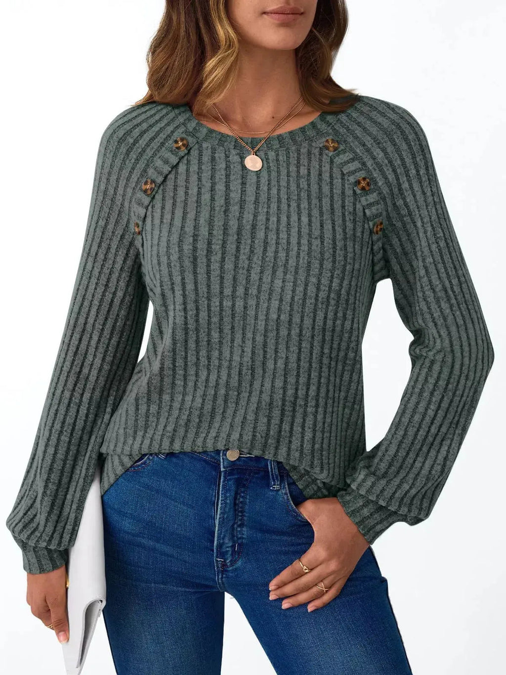 Ribbed Knit Decor Button Long Sleeve T-Shirt - Charmdeals